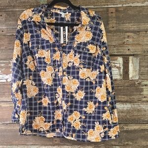 Notations Navy and Orange Floral Shirt, Button Up, Tab Sleeves, Plus Size 2X NWT